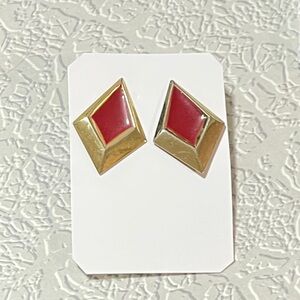 70s or 80s Vintage Diamond Shaped Gold Tone and Red Geometric Earrings